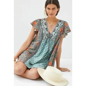 Anthropologie Astrid Botanical Print Tunic Mini Dress Boho Floral XS Festival